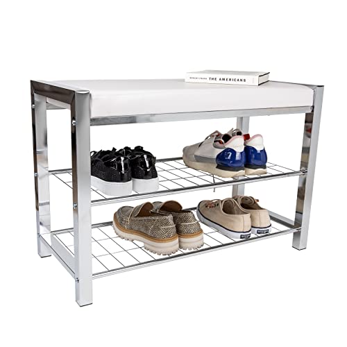 Danya B. Leatherette Entryway Bench With Two Metal Shoe Racks (Chrome/White) #TOP7