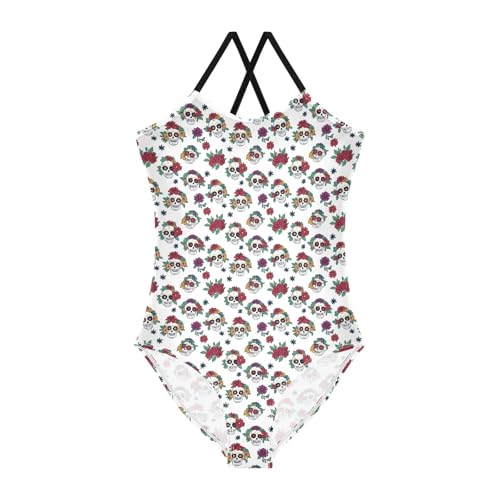 senya Girls Swimsuits One-Piece Swimwear Tie Bathing Suit Beach Summer Round Neck 7-8T Skull Flower Pattern