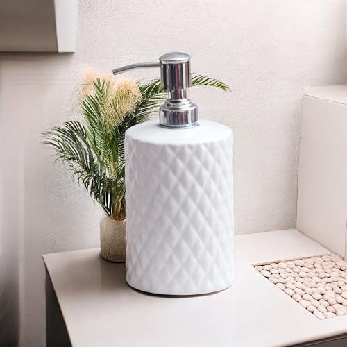 Image of Ceramic Soap Dispenser 330ml (Set of 1) | White Diamond Design | Refillable Liquid Soap, Hand Wash & Lotion Pump Bottle | Premium Ceramic Bathroom & Kitchen Accessory | White