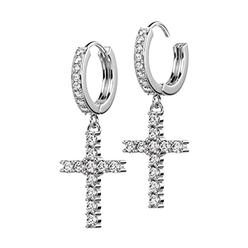 beyoutifulthings 1 par de pendientes de aro para mujer, colgante de cruz pavé, circonitas, transparentes, pendientes de oreja, plata y oro, Acero quirúrgico 316L Cover