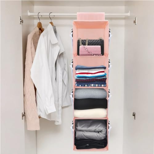 Image of 4-Shelf Hanging Closet Organizer, Space Saver, Closet Hanging Storage Shelves with Mesh Pockets & Magic Tap for Storage, Foldable-Pink