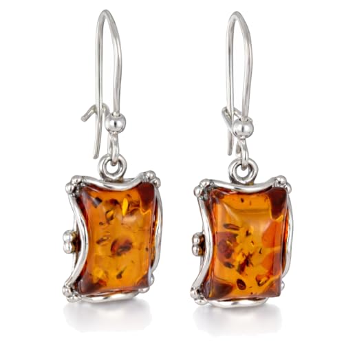 Sterling Silver Baltic Honey Amber Rectangle Drop Earrings – Genuine 925 Silver Amber Dangle Earrings with Kidney Hook, Natural Baltic Amber Jewelry for Women
