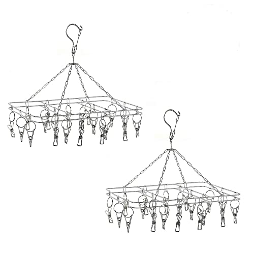 YORKING 2PCS Sock Hangers for Washing Line Stainless Steel Sock Dryer with 20 Pegs Metal Windproof Drying Rack with Swivel Hook Square Laundry Hanger for Underwear Clothes Gloves Shoes Insoles