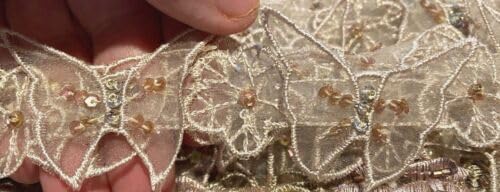 Champagne Embroidered Flowers Trim Butterflies Hand Sewn 1.5" Sequins Beads Champagne 1yd Fabric