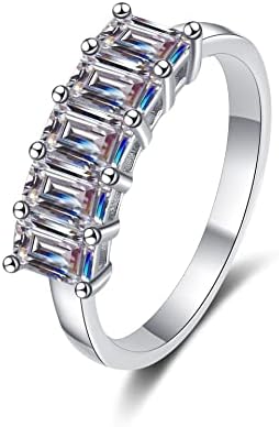 2.5 Carat 3X5mm 5 Stone Emerald Cut Moissanite Half Eternity Wedding Band Ring for Women Sterling Silver with White Gold Plated D Color VVS1 Lab Created Diamond Anniversary Promise Ring for Her Size 7
