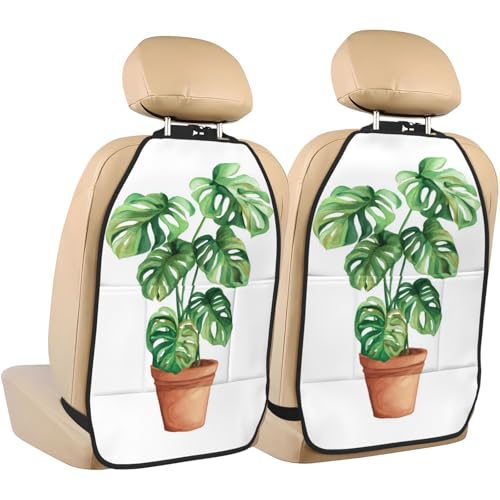 Potted Monstera Plant Watercolor Car Seat Back Kick Protectors,2 Pack Kick Mats with Storage Pockets for Vehicles to Protect from Dirt Mud Scratches