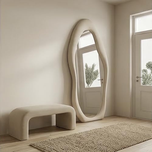Image of The Artment Fluid Reflection Unbreakable Full-Length Asymmetrical Shape Mirror with Plush Velvet Beige Color Frame, Floor-Standing or wall-Leaning Design for Bedroom & Dressing Area (160 X 60 CM)