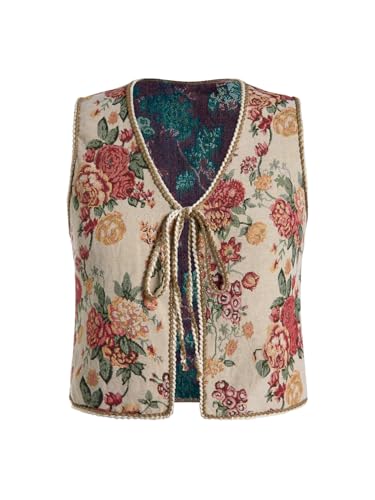 SweatyRocks Women's Floral Embroidered Tie Front Crop Vest Tops Boho Country Concert Cowgirl Western Outfits Rose Pattern Apricot Large