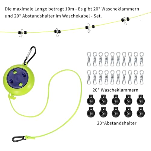 Camping Wäscheleine Ausziehbare Wäscheleine, 10 Meter Reisewäscheleine Camping, Tragbare rutschfeste Wäscheleine für Outdoor Reise Camping Zubehör, mit 10 festen Schnallen, 20 Wäscheklammern