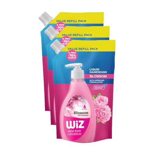 Image of Wiz Blossom Hand Wash Refill Pouch - 1L (Pack of 3) | Floral Fragrance for Lasting Freshness| Germ Protection | pH Balanced | 70% Less Plastic | Gentle Everyday Hand Care