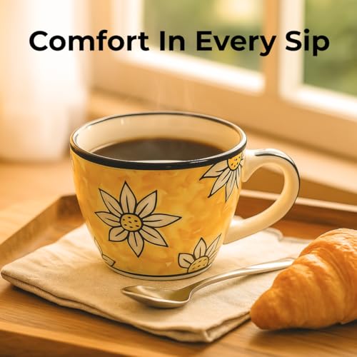 Image of KITTENS Ceramic Mug Set of 4 - 375ml | Yellow Floral Hand-Painted Design | Microwave & Dishwasher Safe | Food Grade | Tea, Coffee, Snacks | Ideal Gift for Home, Office & Festive Gifting