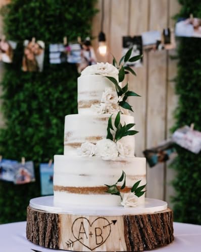 Rustic Wooden Cake Stand – Personalized Wood Slice with Handcrafted Engraving – Wedding Centerpiece & Dessert Display (11-12' D (Thick Cut))