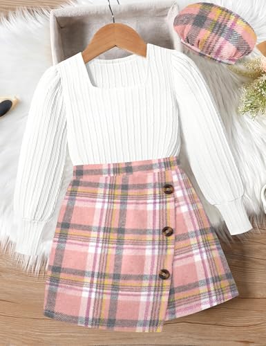 Image of AGAPENG Girl Skirt Sets 3 Piece Outfits Square Neck Jacquard Puff Sleeve Tops Plaid Mini Skirt Shorts Fall Winter Clothes