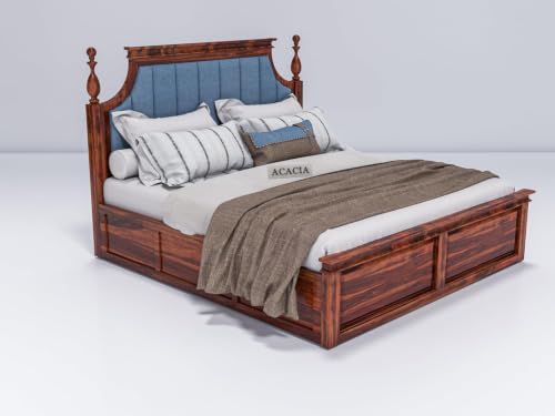 Image of Craft Solid Wooden King Size Bed with Storage | Double Bed Cot Bed with Box Storage & Blue Colour Upholstered Cushioned Headboard for Bedroom | Sheesham Wood, Honey