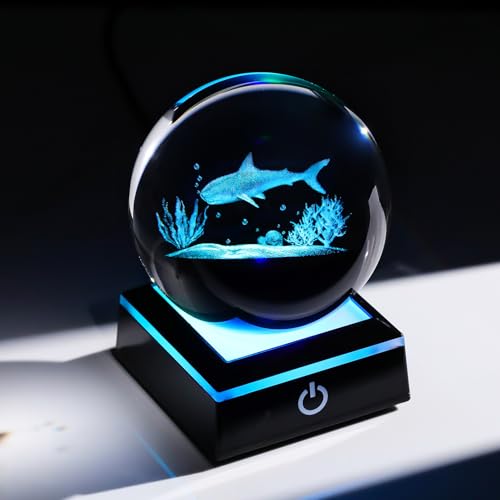 Image of Arikyrist 3D Crystal Ball Shark Figurine with Colorful Light Base, Shark Gifts for Shark Lovers Women Men on Christmas Birthday, Laser Engraved Glass Shark Ornament Globe for Home Office (80mm)