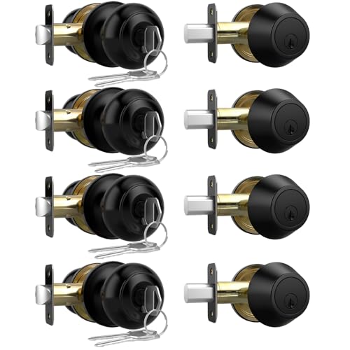 AEEKEL Exterior Door Knob with Lock and Key 4 Pack Keyed Alike Entry Door Knob for Front Door Lock Set Matte Black Bedroom Door Knobs with Lock and Single Cylinder Deadbolt Set