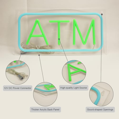 Image of ATM Neon Sign, Mini Size, 12 inchx6 inch, 12V-Powered Business Signboards for Convenience Store, Gas Station, Liquor Shop, Mini Market, High Brightness, Clear Acrylic Backboard, Wall Window Decor