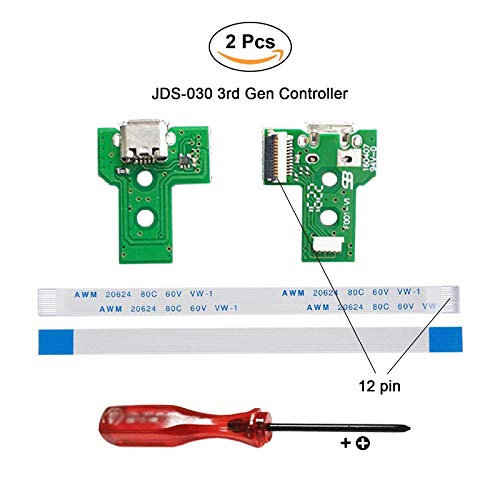 Rinbers Pack of 2 JDS-030 Replacement Charging Port Micro USB Adaptor Charger Socket Circuit Board with 12 Pin Flex Cable for Sony PS4 3rd Gen DualShock 4 Controller - Thumbnail 2