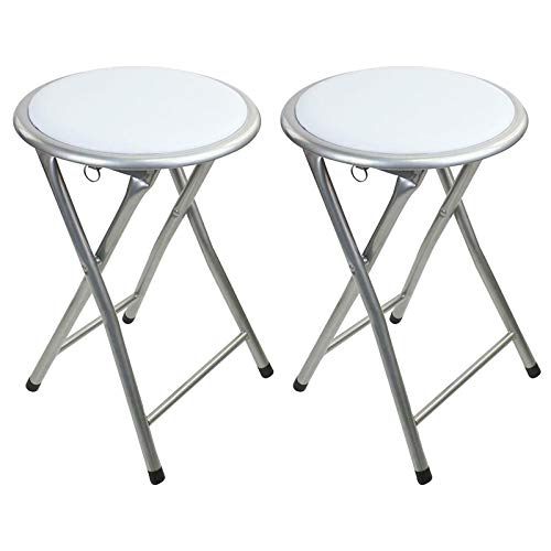 Guilty Gadgets Taburete plegable para desayuno, asiento acolchado, ligero, ahorro de espacio, portátil, jardín, viajes, picnic, pesca, color blanco, paquete de 2