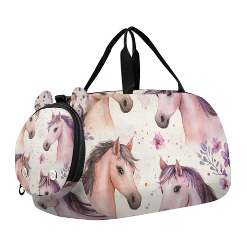 Glaphy Watercolor Horse Flowers Duffle Bag for Toddler Boys Girls, Gym Sports Bag with Shoe Compartments, Kids Travel Overnight Weekender Shoulder Bag