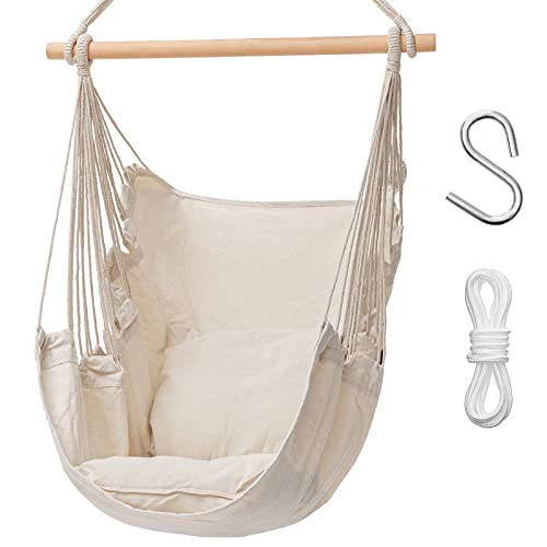 Garpans Hammock Chair With 2 Cushions Hanging Rope Swing Hammock Swing Chair Hanging Swing Chair For Indoor Outdoor Bedroom Backyard Max 330Lbs Beige #TOP24