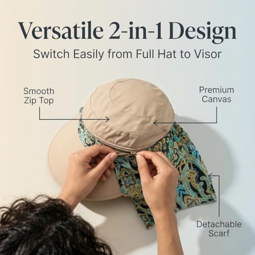 Image of PALAY Hats for Women UPF 50+ Anti-UV Wide Brim Foldable Sun Visor Hat with Detachable Top & Neck Scarf, Large 14cm Brim, Lightweight Canvas Fabric, Summer Beach Outdoor Protection (Floral)