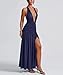 Ekaliy Women's Sexy Halter Deep V Neck Maxi Dress Sleeveless Backless High Slit Ruched Long Dress Party Cocktail Dresses Navy
