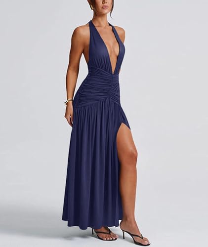 Image of Ekaliy Women's Sexy Halter Deep V Neck Maxi Dress Sleeveless Backless High Slit Ruched Long Dress Summer Party Cocktail Dress