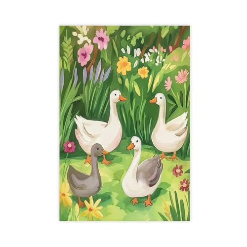 Póster de lona con diseño de patos en primavera, decoración de dormitorio, paisaje, oficina, habitación, regalo, 20 x 30 cm