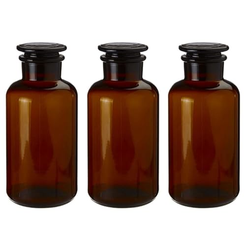 UNIQUE HOME LIVING Apothecary Jar Set of 3 Reagent Bottles, 250ml Amber Glass Storage Jars with Lid, Reusable Vintage Refillable Container for Essential Oils, Bath Salts, Lotion, Perfume