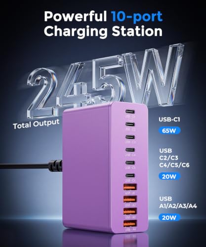 Image of USB C Charging Station 10 Port with 4 Cables,245W GaN Charger Block | Type C Wall Charger Power Strip Adapter Plug for iPad iPhone17 16 15 14 13 12 Pro Max Pixel Note Galaxy Purple