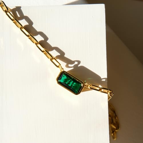 Emerald-Cut Pendant Necklace | Paperclip Gold Link Chain Green CZ Solitaire Pendant Necklace | East West Bezel Set Charm 17+2''4