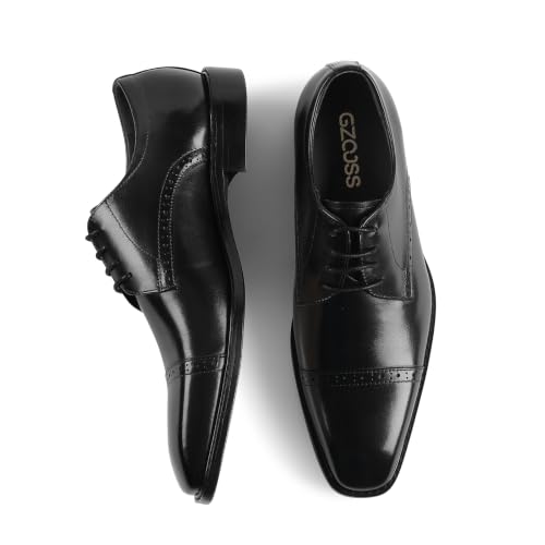 Image of Men Cap Toe Derby Shoes Open Lacing Wide Fit High Instep Full Grain Polished Leather Brogue Formal Dress Shoes for Wedding Groom Business Black Tie