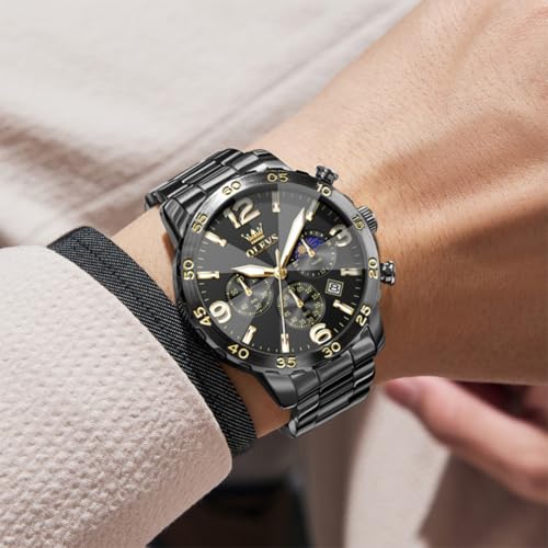 Image of OLEVS Men's Watches Luxury Chronograph Waterproof Dress Business Quartz Analog Stainless Steel Multifunction Fashion Watches with Date, Sun-noon Phase Big Dial 44mm, Luminous Hands Scales