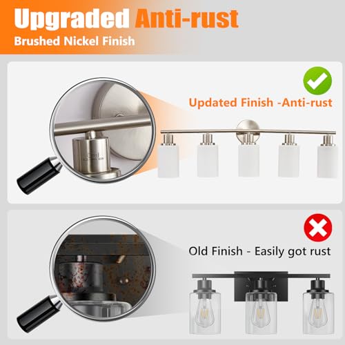 Image of DLLT 5-Light Bathroom Light Fixtures: Nickel Modern Vanity Lights with E26 Bulbs - Milky White Glass Shade Bathroom Wall Lamp for Mirror Kitchen Living Room Hallway Cabinet Porch