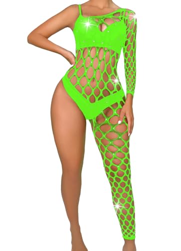 Aucute Sexy Rave Outfits für Frau Glitzer Strass Fischnetz Bodys Ein Schulter Mesh Jumpsuit Ein Bein Bodystocking Grün
