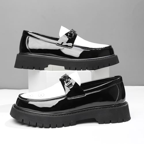 Image of XENTORD Men's Patent Leather Platform Loafers Comfort Non-Slip Lug Sole Slip-On Dress Shoes with Metal Horsebit Detail for Business Office & Casual