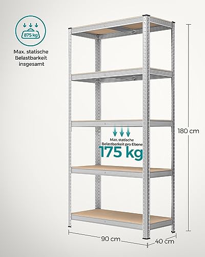 SONGMICS Schwerlastregal, 2er Set, Kellerregal, Lagerregal, 40 x 90 x 180 cm, Regal mit Stahlgestell, jeweils bis 875 kg belastbar, 5 verstellbare Ablagen, silbern GLR040E02