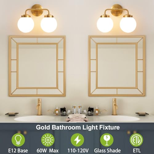 Image of Bathroom Light Fixtures 14in 2-Light Brushed Gold Vanity Light for Mirror | Bathroom Lighting Fixtures over Mirror, ETL, Brushed Brass Wall Sconce, Dimmable E12 Base Max 60W, Milky Glass Ball Shades