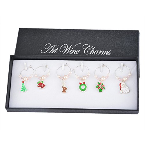 Souarts Mixed Christmas Wine Glass Charms Snowflake Markers Tag Pendant Set with Box Pack of 6pcs for Stem Glasses(Christmas Elk)