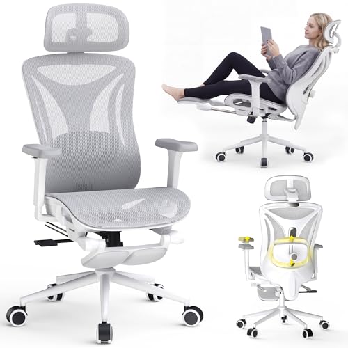 Image of CYKOV Ergonomic Office Chair with Footrest - Adjustable Lumbar Support & Headrest, 90-160 Reclining Mesh Back Computer Chair - Home Office /Gaming, 350lbs Capacity (SGS Certified) (W-Grey, Mesh)