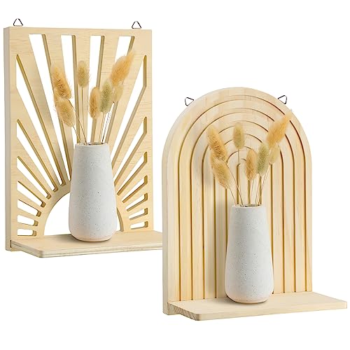 Image of Tatuo 2 Pieces Wooden Boho Hanging Shelves for Wall Decorative Wall Mount Book Floating Shelf for Living Room Bathroom Bedroom Classroom Office Nursery Decor(Boho Sun)