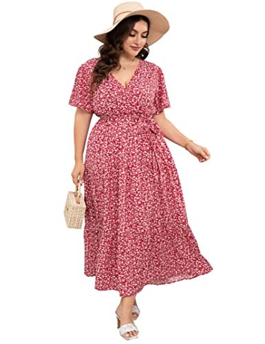 Image of ShopWonder Womens Plus Size V Neck Wrap Maxi Dress High Waist Ruffle Summer Casual Dress with Belt