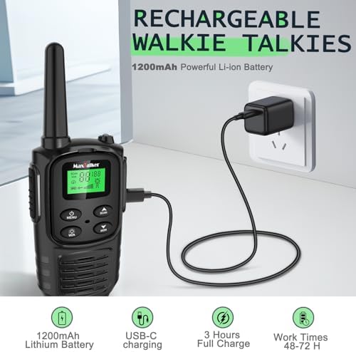 Walkie Talkies Long Range for Adult, MT10 Rechargeable Walkie Talkies FRS Two Way Radio, NOAA, 1200mAh Li-ion Battery USB-C Cable, LED Flashlight, VOX Walkie Talkie for Hiking Camping 2Pack — view 2