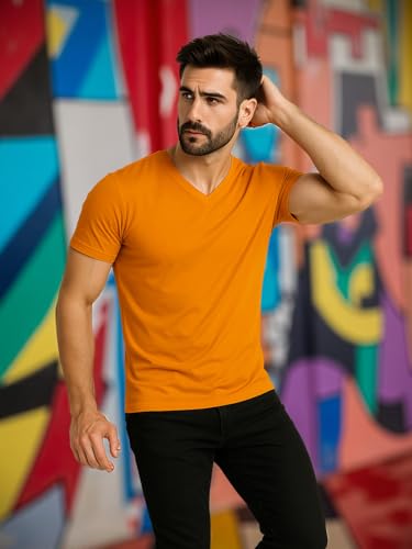 Image of Friskers Men's V-Neck Short Sleeves Cotton T-Shirt - Casual T-Shirt, Regular Fit