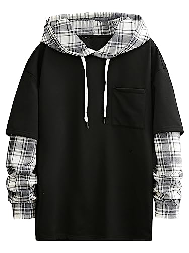 Floerns Men's Plaid Print 2 in 1 Long Sleeve Drop Shoulder Sweatshirt Hoodie