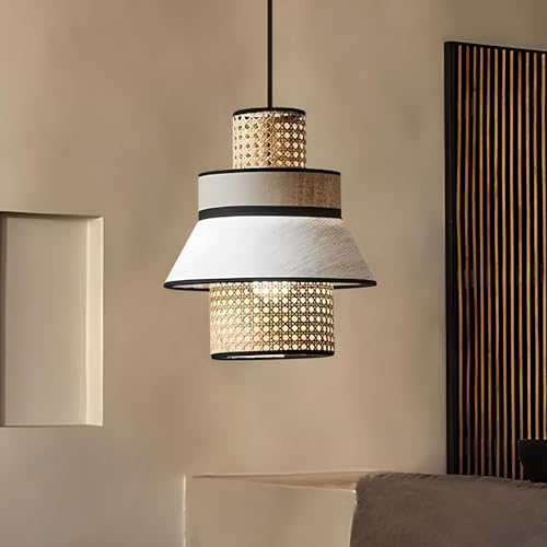 Image of AKWAY Rattan Hanging Lamp for Living Room | Cane Pendant Light | Wicker Ceiling Light | Stylish Boho Pendant Light for Bedroom, Hallway, Office, and Home Decor | Adley Collection 30cm Dia