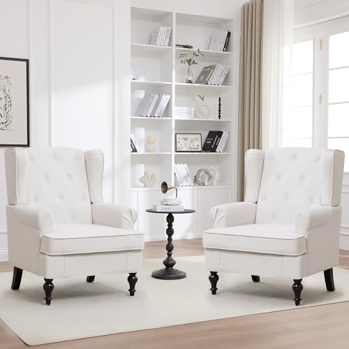 choairy Accent Chair Set of 2, Mid Century Modern Fabric Wingback Chair, Upholstered Armchair with High Back and Vintage Legs, Comfy Single Sofa Side Reading Chair for Living Room Bedroom, Beige