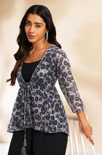 Image of Janasya Women's Solid Shoulder Strap Crop Top with Trouser & Chiffon Floral Printed Shrug