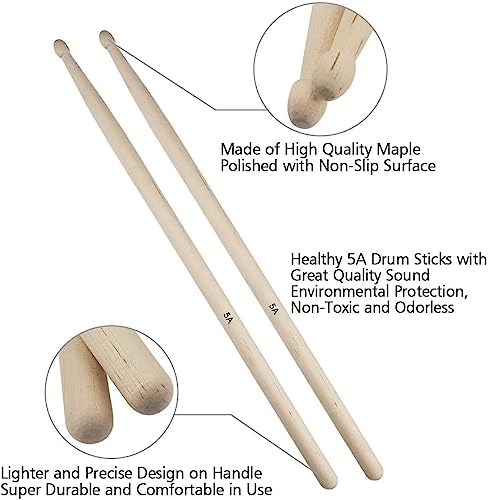 Drum Sticks Set,includes 2 pair 5A classic maple drum sticks,1 pair drum stick brush sticks,1 pair drum line retractable drum stick brushes and 1 portable storage bag,for rock band, students